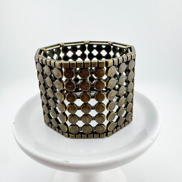Vintage Bronze Tone Stretch Bracelet Wide Geometric Dot Panel Boho Hero Retro - Picture 4 of 7